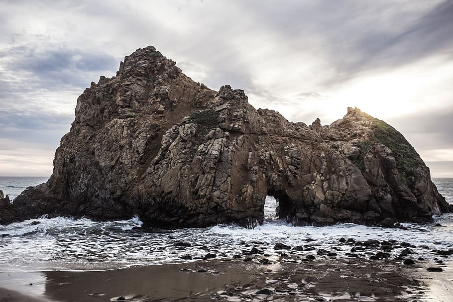 big sur, united states, beach, sunset, keyhole, rocks, waves, HD wallpaper