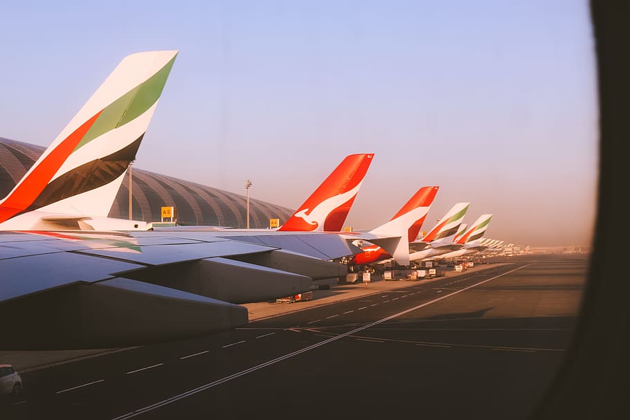 dubai, united arab emirates, qantas, plane, airplanes, sunrise, HD wallpaper