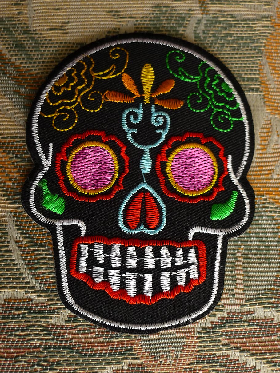 skull, colourful, textile, patch, art and craft, multi colored HD wallpaper