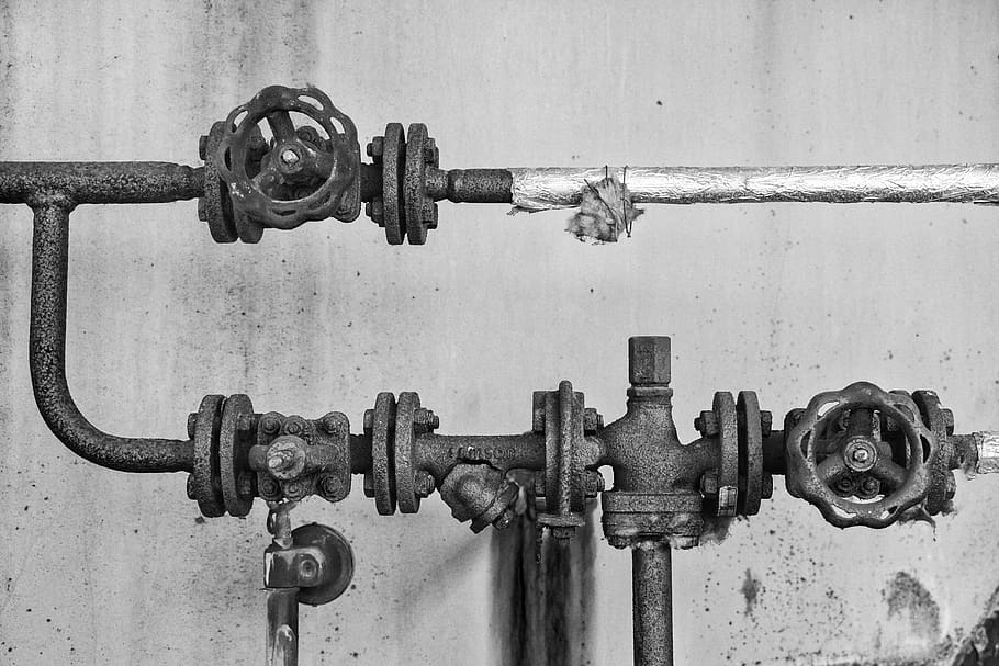 pipes, old, ailing, rusty, black white, factory, metallic, valve HD wallpaper
