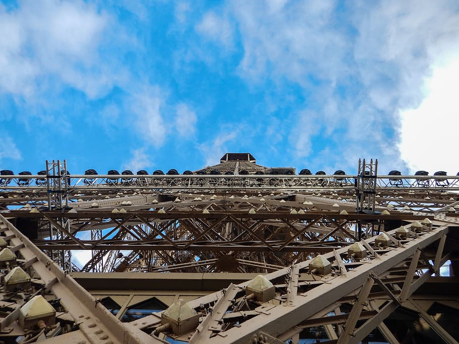 construction, tower, eifel, from bottom, downbelow, blue, paris HD wallpaper