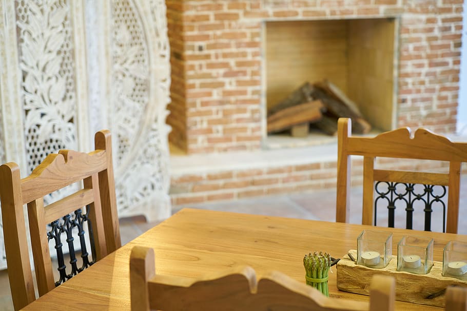 home, table, brick, fireplace, office furniture, room, architecture HD wallpaper