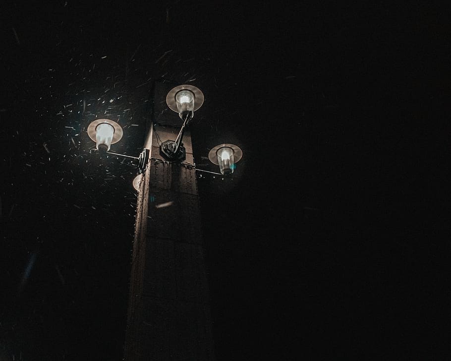 lamp post, tartu, estonia, night, snow, street, lights, musical instrument, HD wallpaper