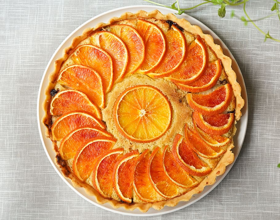 orange pie on plate, plant, food, produce, fruit, dessert, cake HD wallpaper