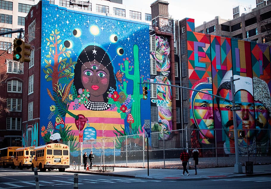 people walks beside multicolored building, person, human, bus, HD wallpaper