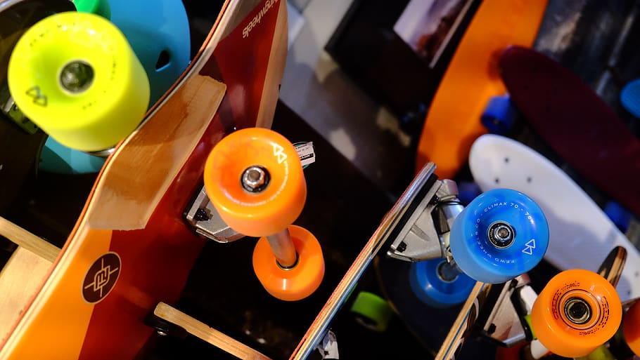 wheels, colors, boards, multi colored, high angle view, choice HD wallpaper