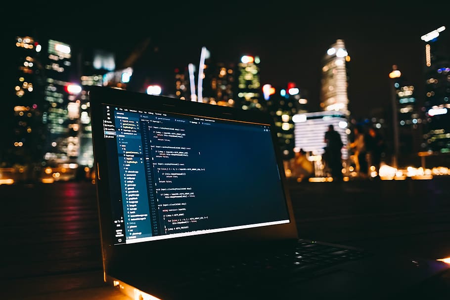 black laptop computer displaying blue screen, night, communication HD wallpaper