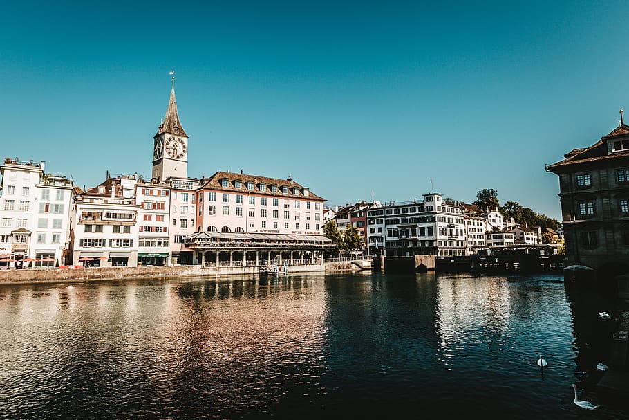 town beside river, building exterior, built structure, architecture HD wallpaper