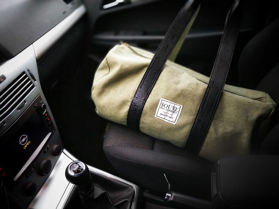 Brown and Black Duffel Bag on a Car Seat, automobile, close-up HD wallpaper