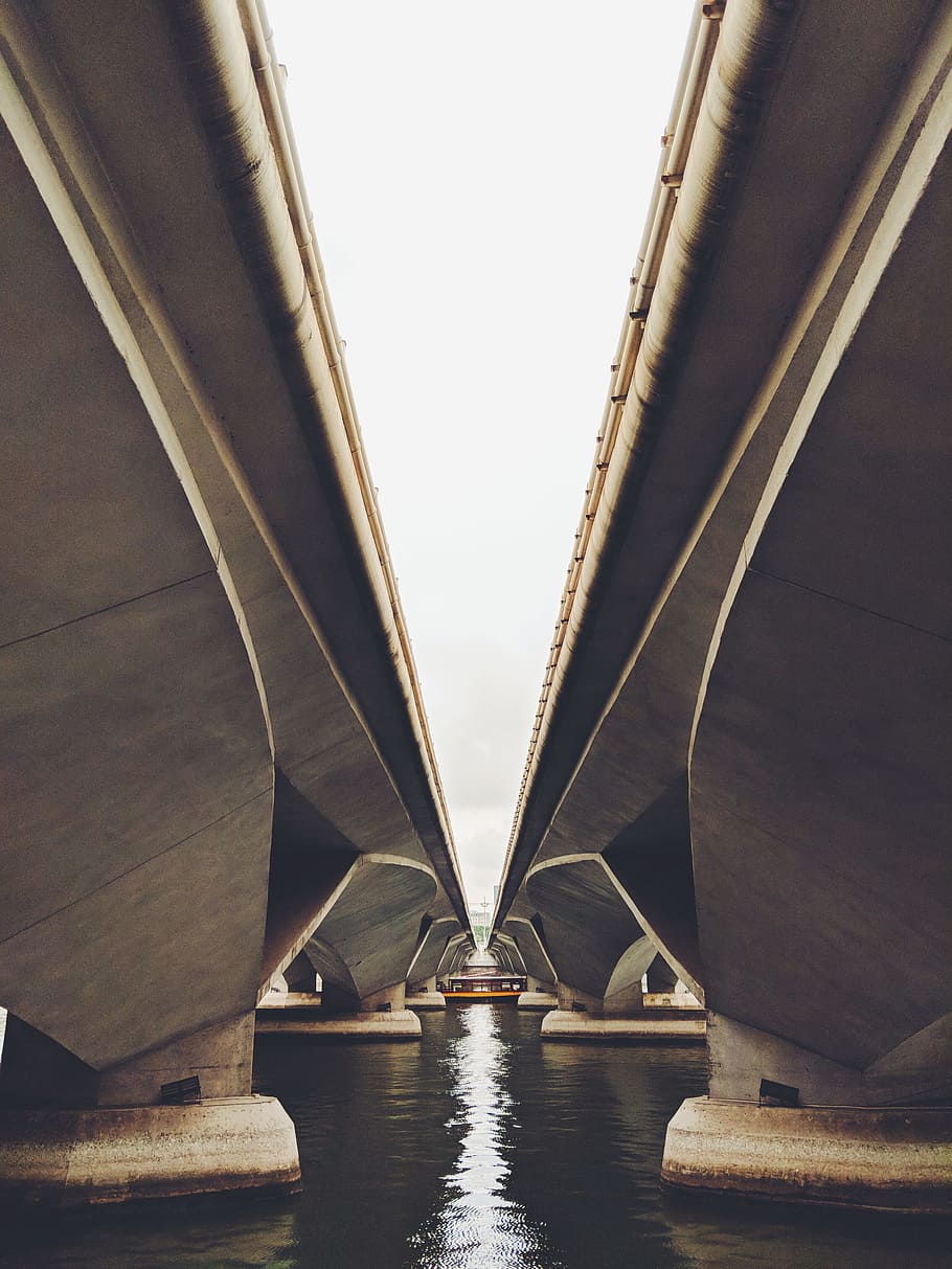 two gray concrete bridge on body of water, architecture, boat HD wallpaper