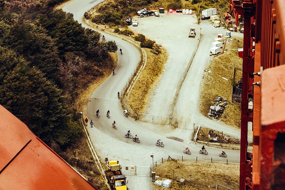Aerial of Bikers, bicycles, biking, cyclists, daytime, people HD wallpaper