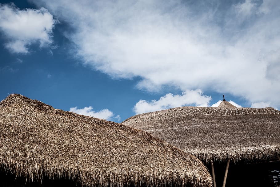 brown native roof, cloud - sky, thatched roof, landscape, nature HD wallpaper