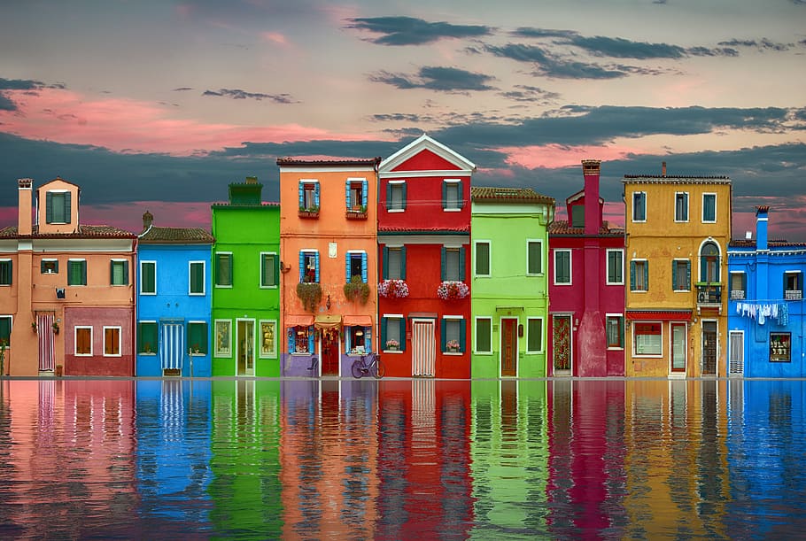 houses, sky, clouds, water, reflection, colors, architecture HD wallpaper