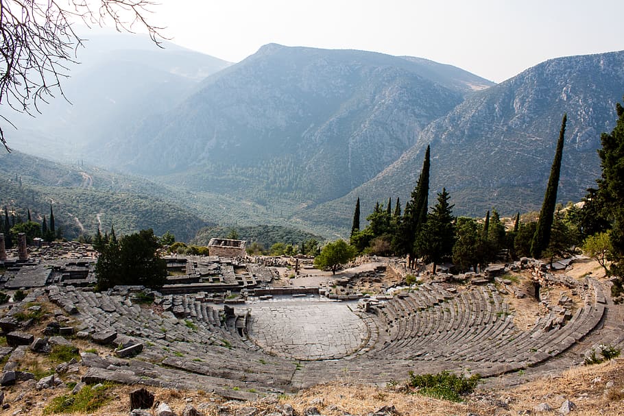 greece, delphi, ancient theatre, ruins, museum, summer, scenery, HD wallpaper