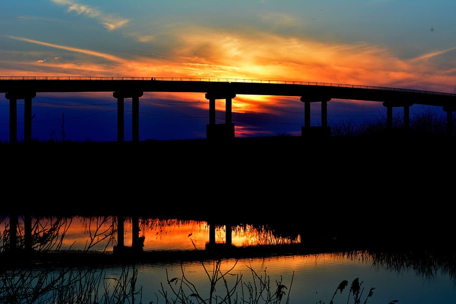 bridge, sunset, nature, dark, evening, construction, river HD wallpaper