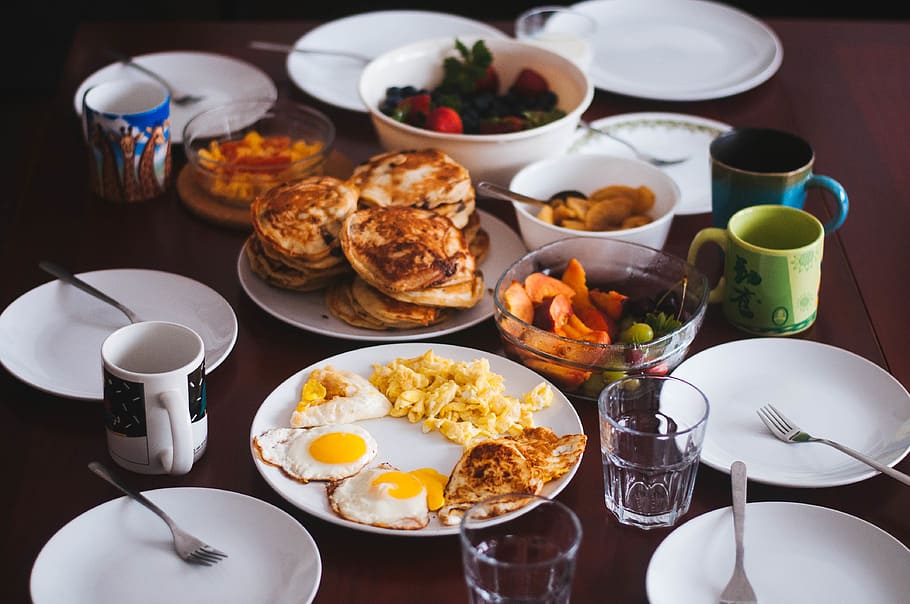 brunch, pancakes, breakfast, eggs, food, eat, sunnyside up HD wallpaper