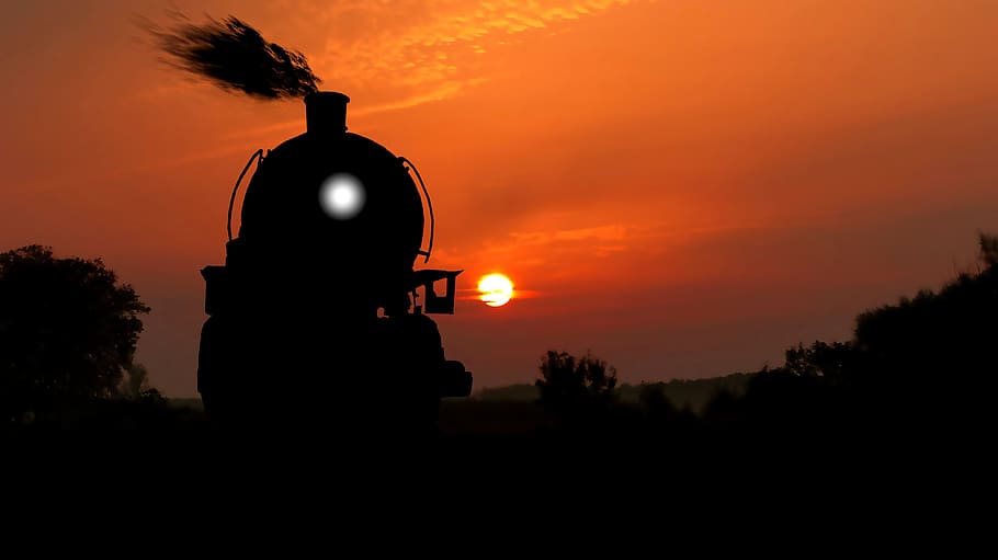 sunset, steam train, transport, evening, sky, travel, twilight HD wallpaper