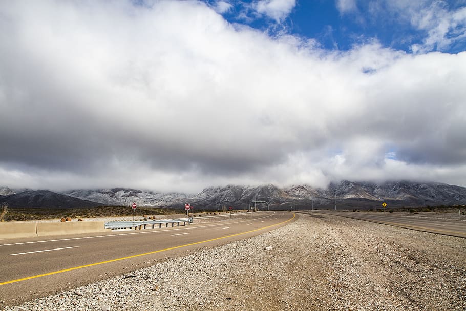blue sky, mountains, clouds, closed, road, highway, cloudy HD wallpaper