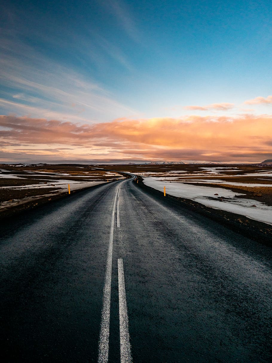 gray concrete pavement under blue sky, road, transportation, direction HD wallpaper