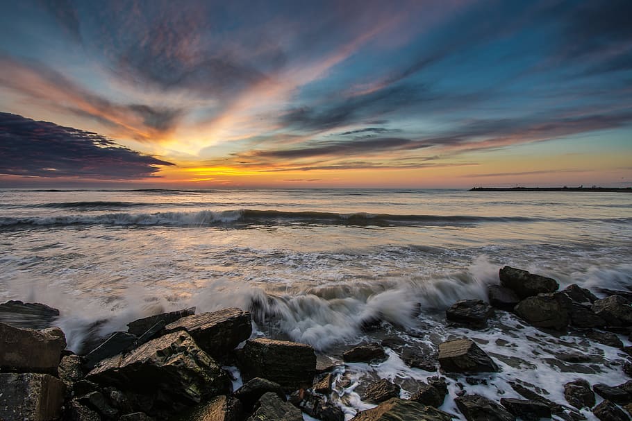 sunset, water, dusk, landscape, seashore, sky, dawn, outdoors HD wallpaper