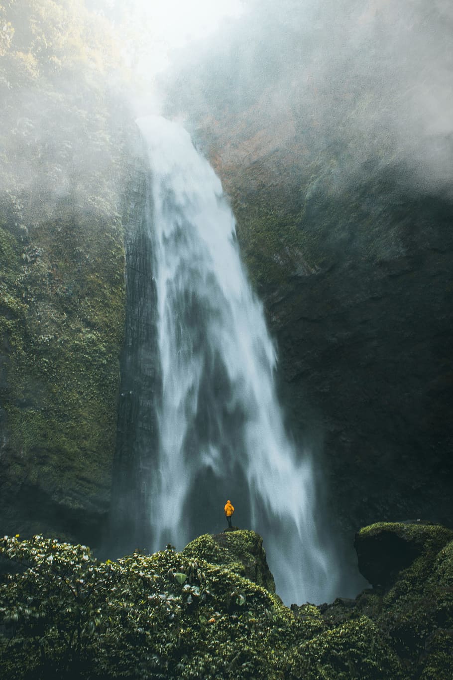 plunge waterfalls, cliff, mountain, moss, rock, person, small HD wallpaper