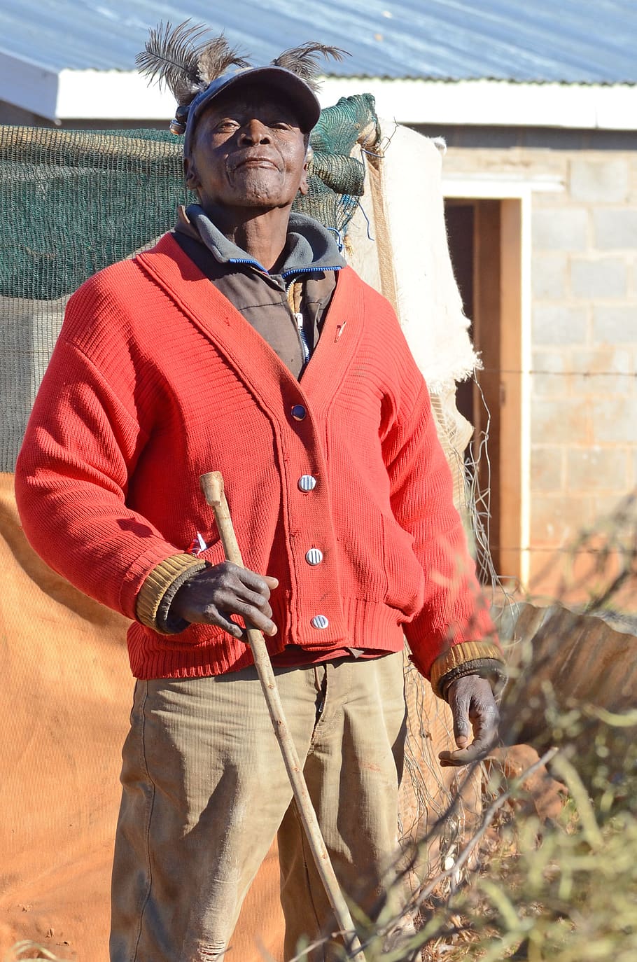 lesotho, basotho, man, africa, hat, work, malealea, red, standing HD wallpaper