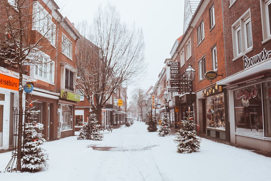 stores beside road, snow, cold temperature, winter, architecture HD wallpaper
