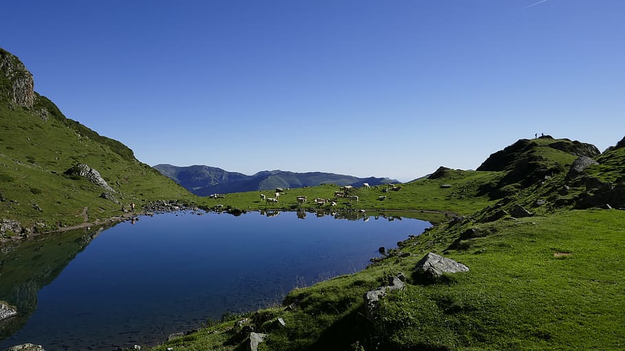 Landscape Photography of Body of Water Near Hill, blue water HD wallpaper