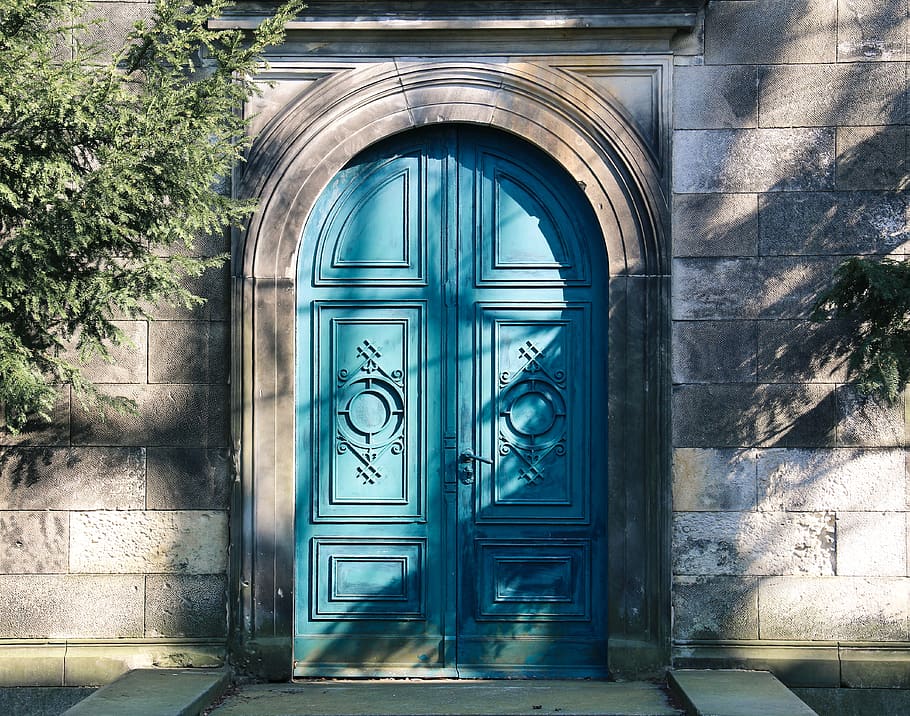 Closed Blue Wooden Door, arch, architecture, art, building, daylight, HD wallpaper