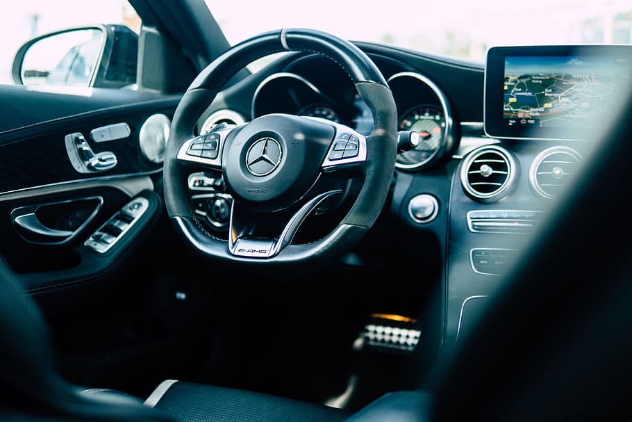 black Mercedes-Benz car steering wheel, interior, logo, luxury HD wallpaper