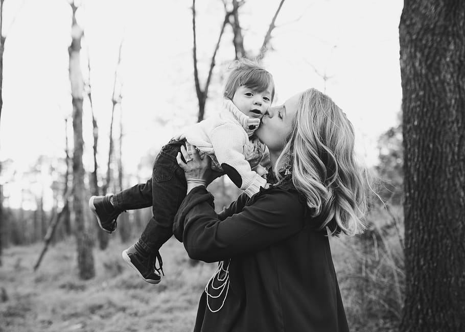 Grayscale Photo Of Woman Kissing Toddler On Cheek, affection HD wallpaper