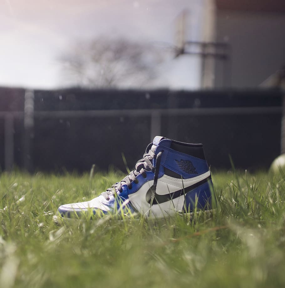 Selective Focus Photography of Air Jordan 1 On Grass, blur, branding, HD wallpaper