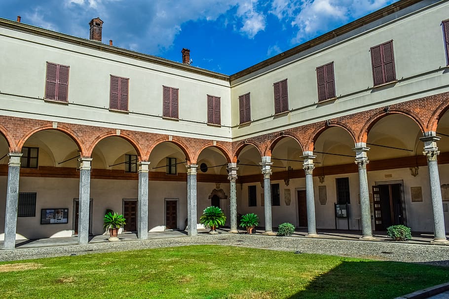 arcade, columns, architecture, building, yard, old, milan, milano HD wallpaper