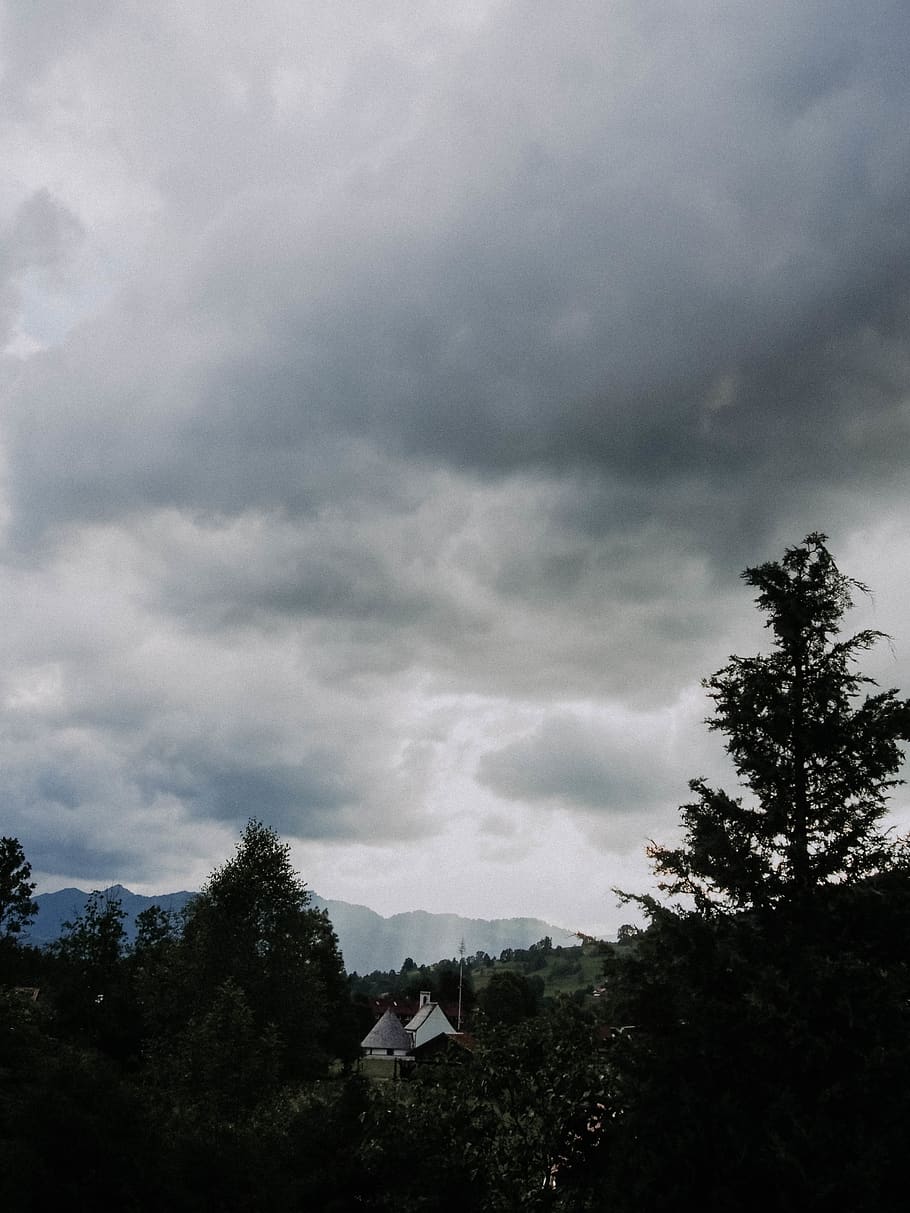 mountains, storm, rain, nature, cloud - sky, tree, plant, beauty in nature HD wallpaper