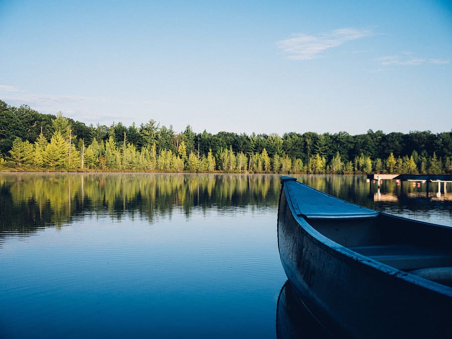 canoe, lake, water, reflection, trees, forest, outdoors, nature HD wallpaper