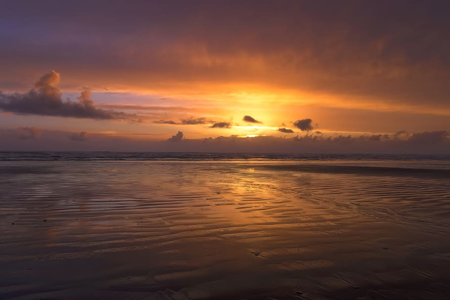 ocean sunset, outdoors, nature, dawn, dusk, red sky, sunlight HD wallpaper