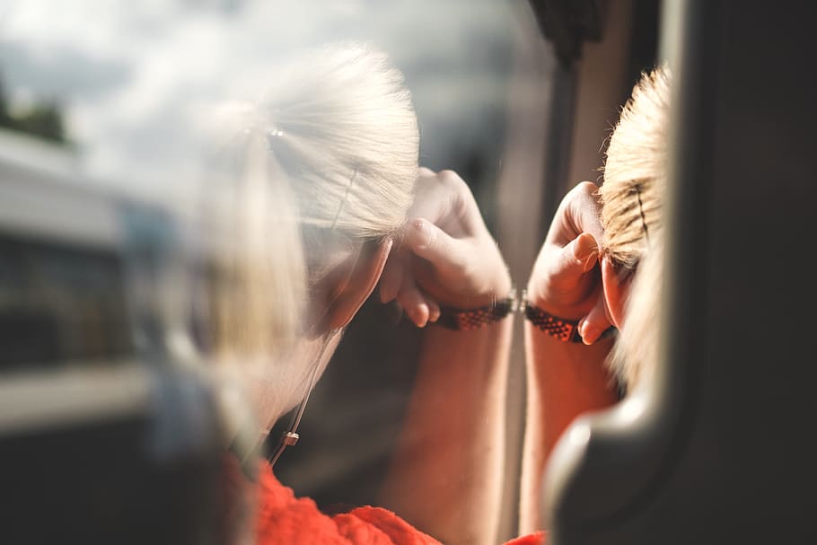 Journey, train, woman, window, window reflection, summer, sun HD wallpaper