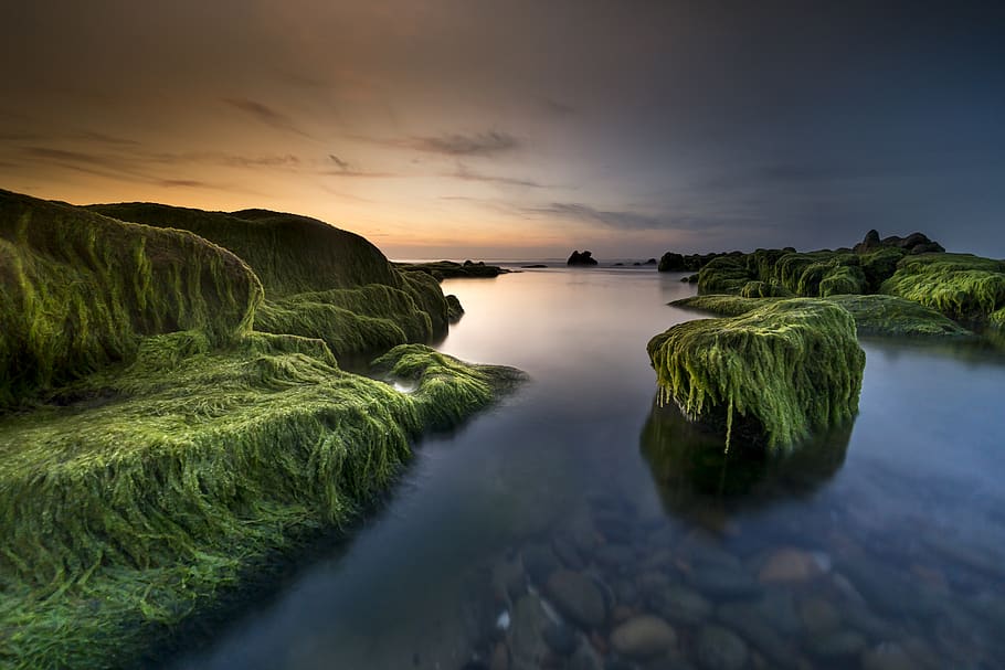 Long Exposure Photography Body of Water, beach, boulders, clouds HD wallpaper