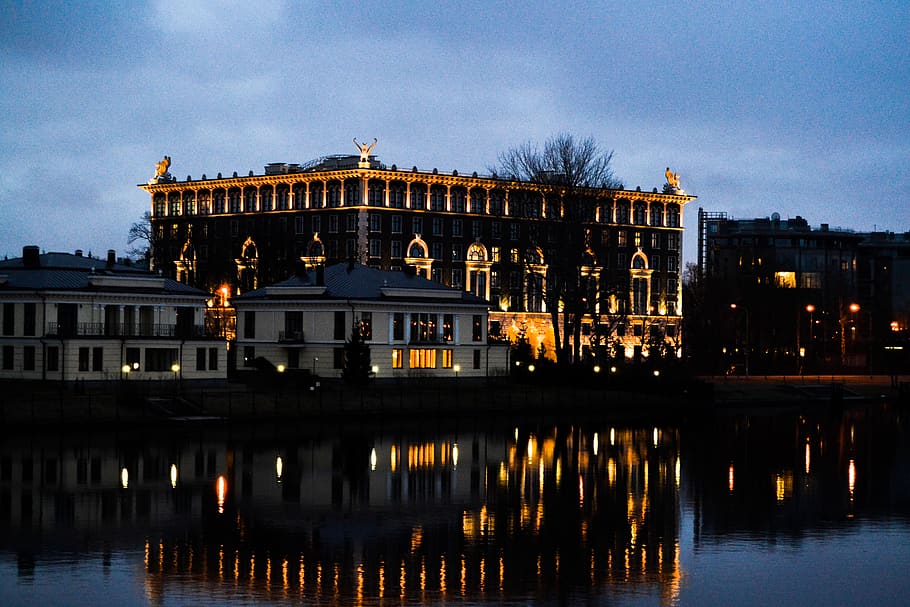 Lighted Black Castle, architecture, buildings, canal, clouds HD wallpaper