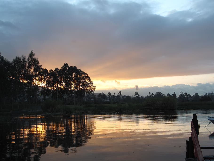 ecuador, sunset, trees, lake, water, sky, beauty in nature HD wallpaper