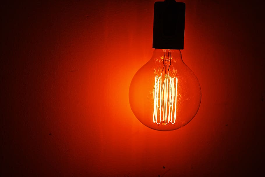 lighted incandescent bulb, lightbulb, red, lamp, lampshade, lighting