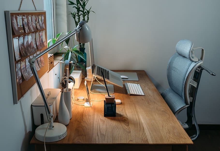 grey desk lamp on top of office desk, flora, jar, vase, plant