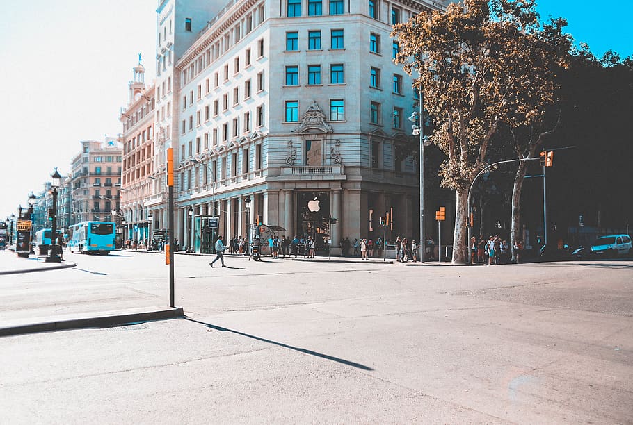 view of an intersection, building, urban, city, downtown, road HD wallpaper