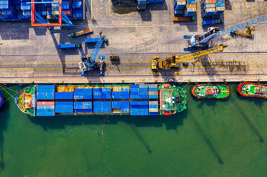 Aerial Photography of Cargo Ship, aerial shot, boats, business