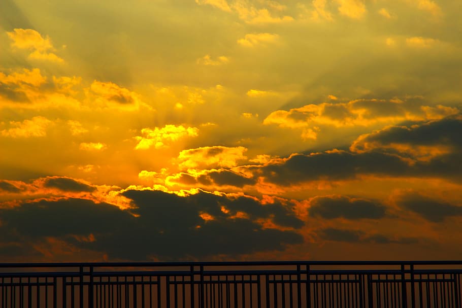 sunset, sky, background, sunrise, nature, blue, yellow, field HD wallpaper