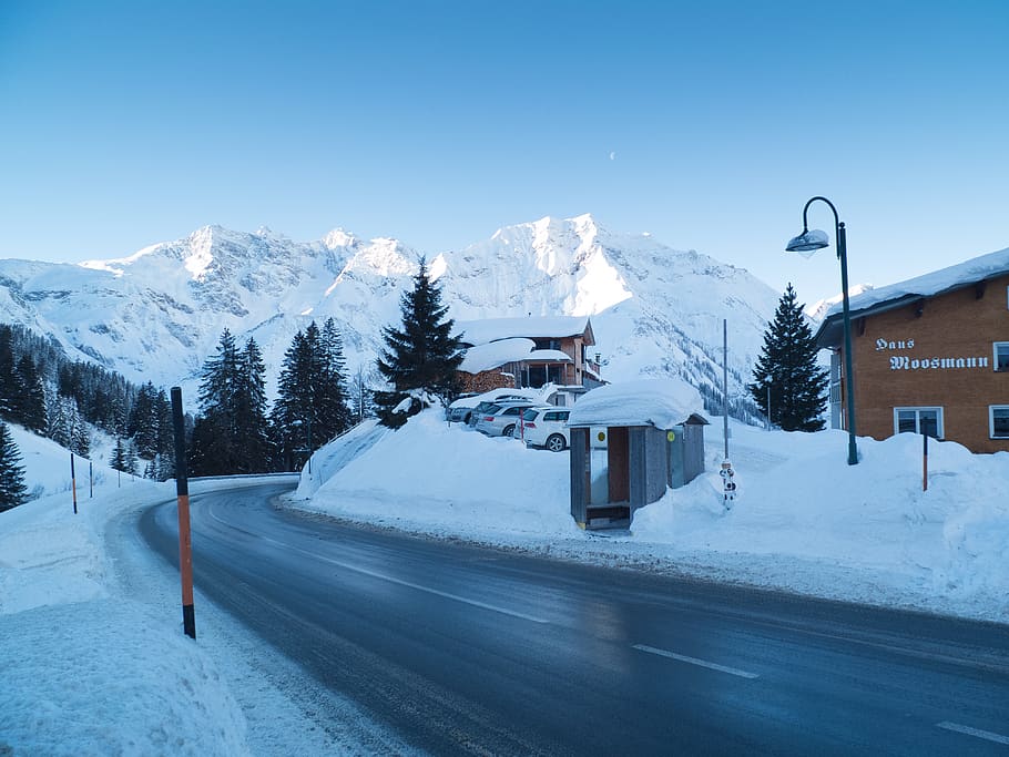 road, winter, austria, clear sky, moon, mountain, mountains HD wallpaper