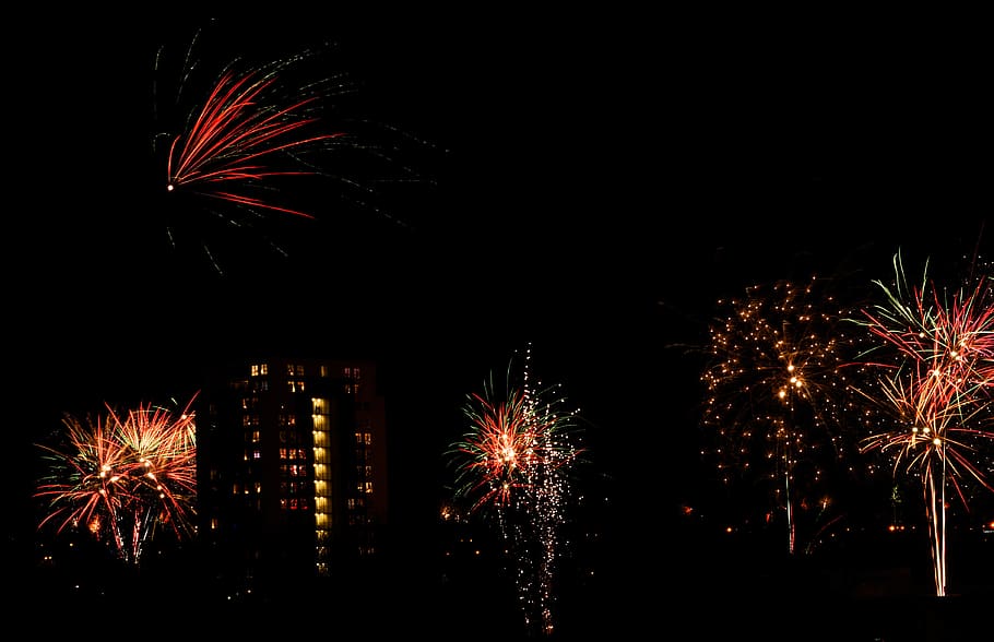 fireworks, light show, night, sky, illuminated, celebration HD wallpaper