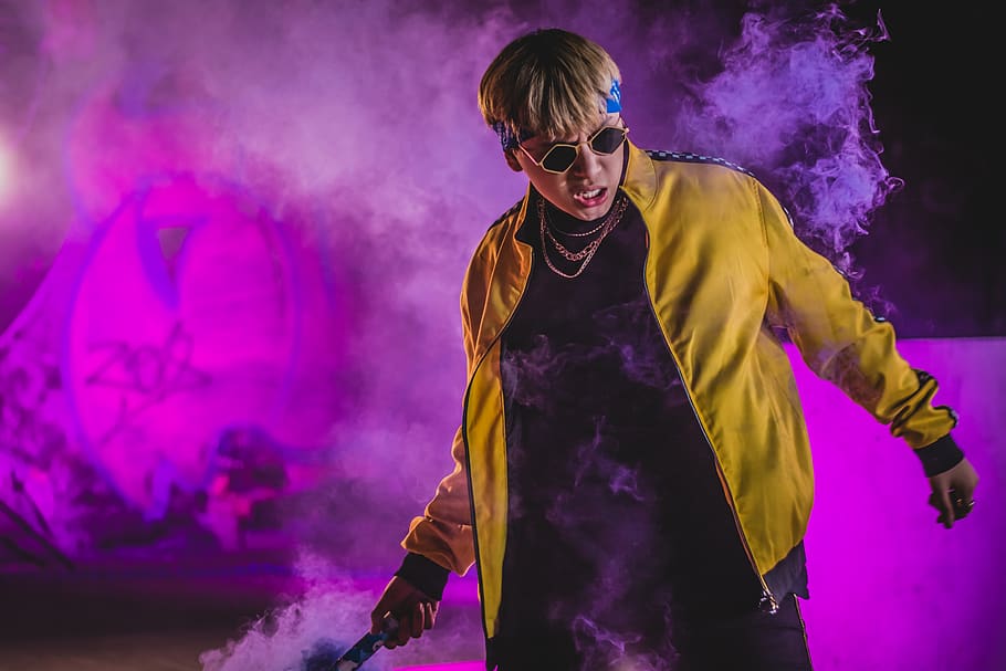 man wearing yellow jacket and brown framed sunglasses with smoke effects, HD wallpaper
