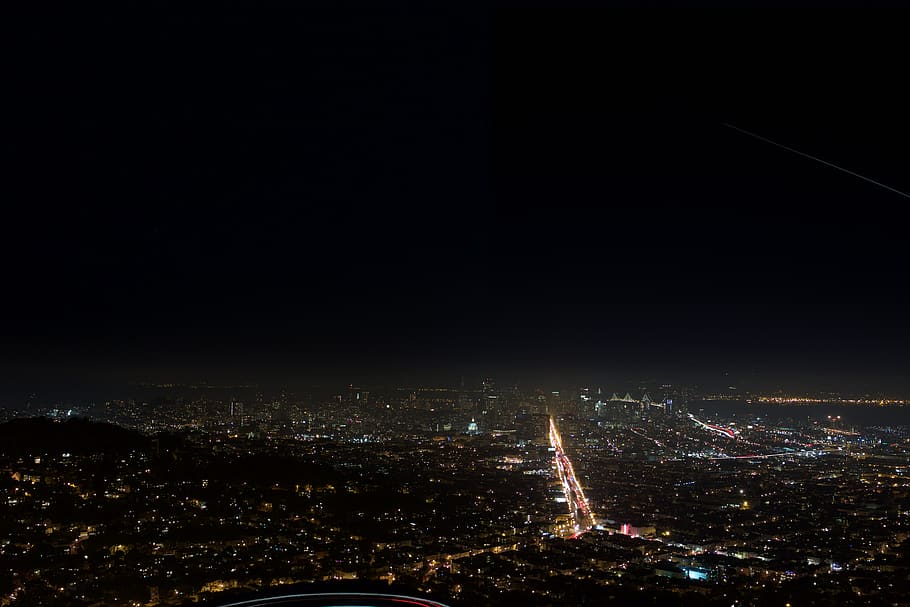Lighted City Skyline at Night, buildings, city lights, dark, high angle shot, HD wallpaper