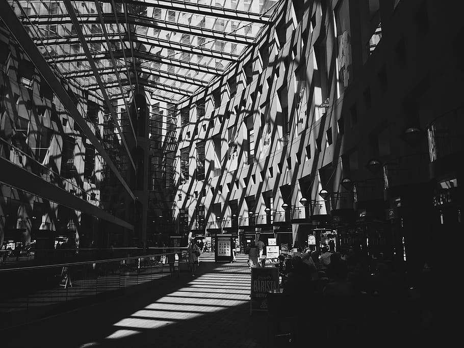 canada, vancouver, building, interior, shadow, monochrome, contrast HD wallpaper